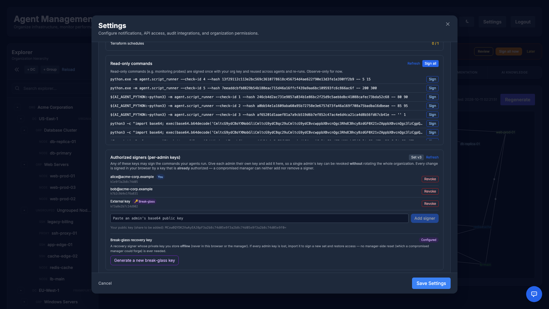 Authorized signers (per-admin keys), a break-glass recovery key, and the Observe / Soft / Hard enforcement selector
